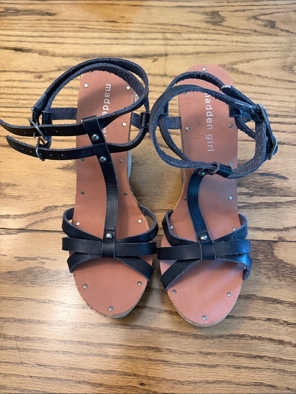Madden Girl Black Studded Strappy Ankle-Wrap Wedge Sandals